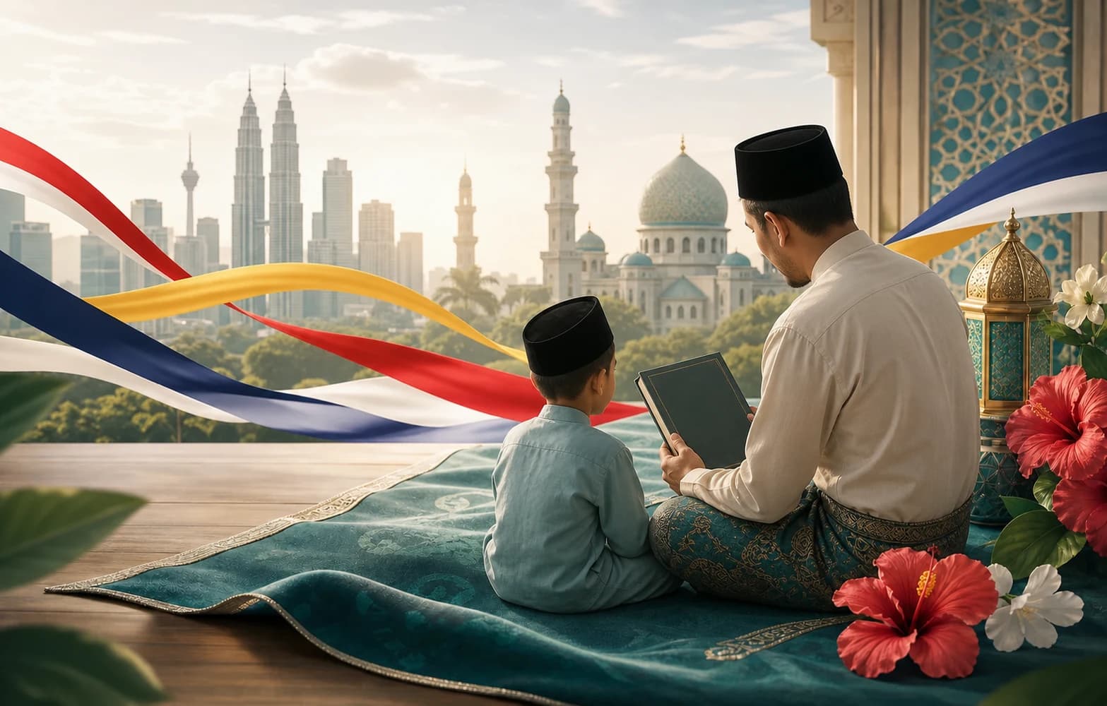 A Malaysian parent guiding a child in Quran recitation for Hari Merdeka